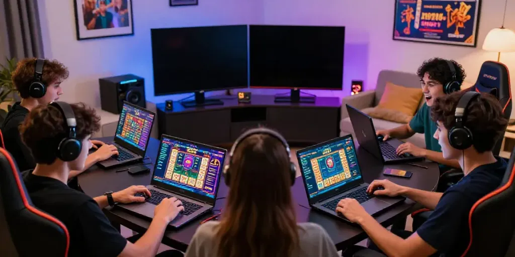 Engaged players in a modern home setting enjoying Toto togel gaming on multiple screens.