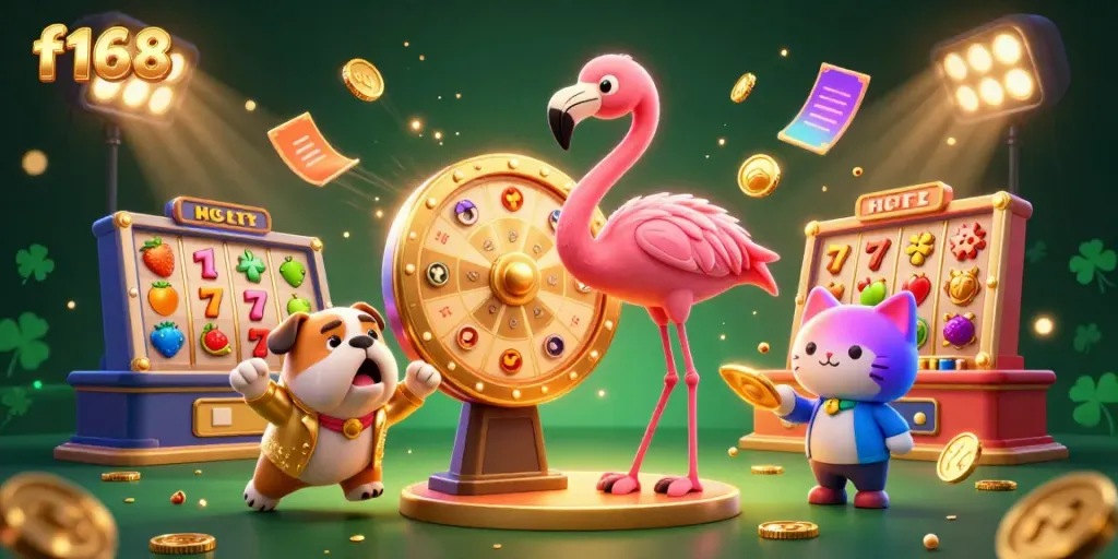Experience the excitement of f168 with a game show scene featuring a flamingo host, bulldog contestant, and vibrant casino elements.