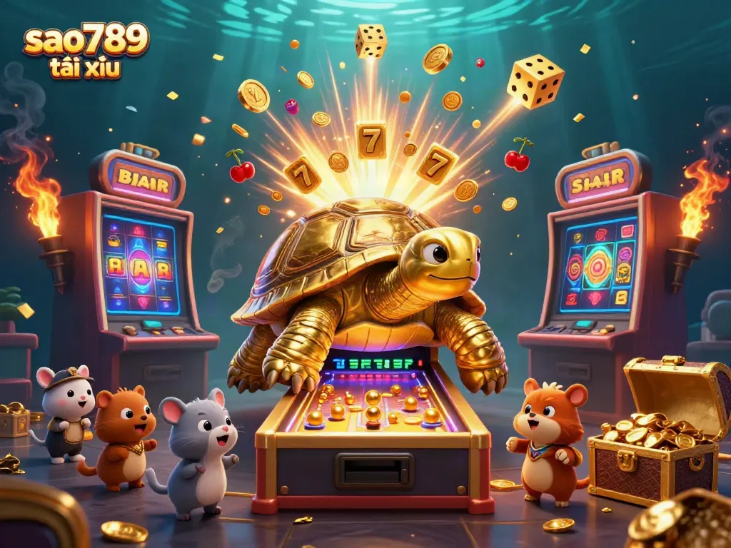 "Experience the thrill of sao789 tài xỉu with our exciting casino game scene featuring colorful slot machines and animated characters."