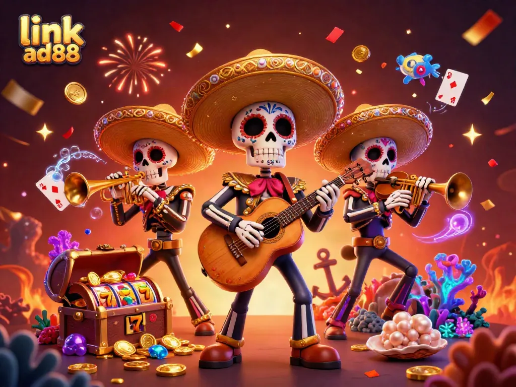 Experience excitement with link ad88 as a mariachi band plays amidst vibrant slot games.