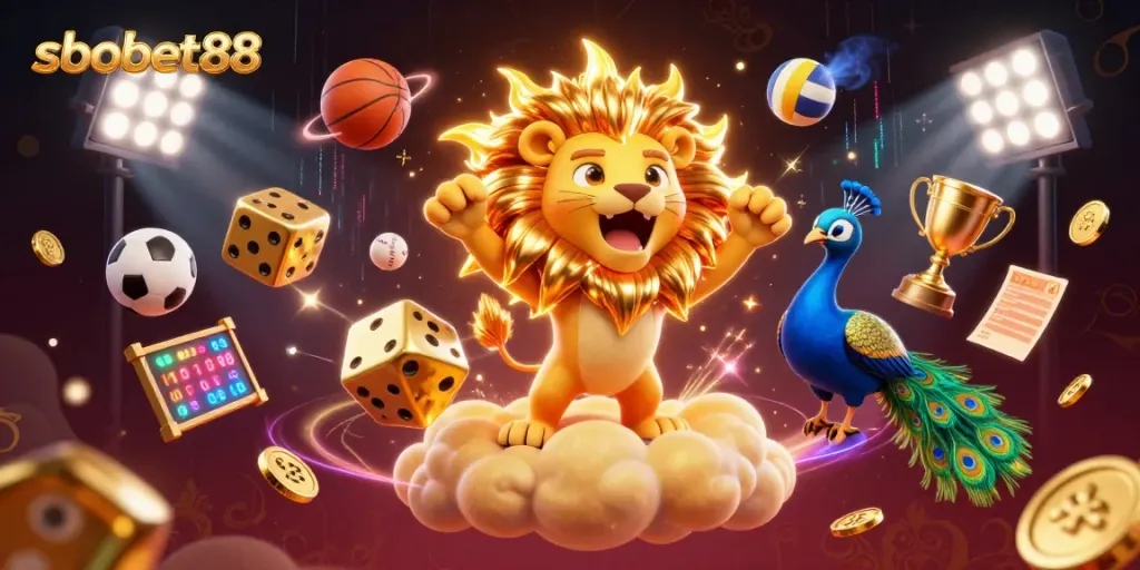 Sbobet88 showcases a vibrant 3D illustration of a roaring lion and dynamic sports elements in a thrilling gambling atmosphere.