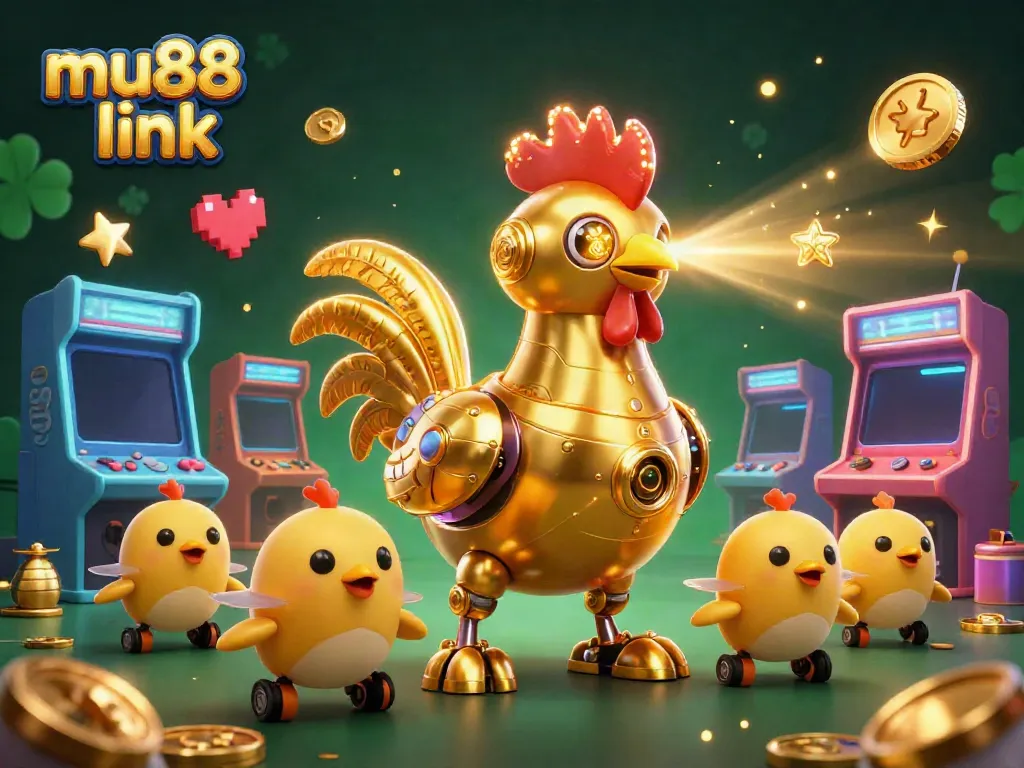 Experience excitement with the mu88 link, featuring a futuristic rooster robot and colorful game machines.
