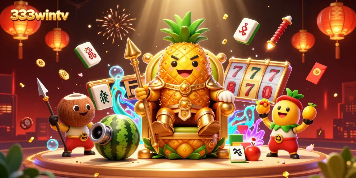 Experience the thrilling world of 333wintv with an illustration featuring a golden pineapple king and dynamic gambling elements.