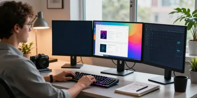 Creating content with AI tools for blog posts in a modern office.