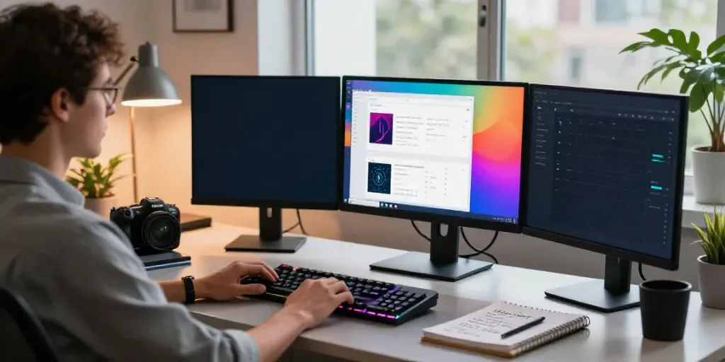 Creating content with AI tools for blog posts in a modern office.