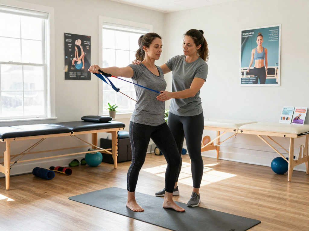 Physical Therapist in Scarborough Maine assisting a patient with targeted rehabilitation exercises in a bright and supportive clinic environment.