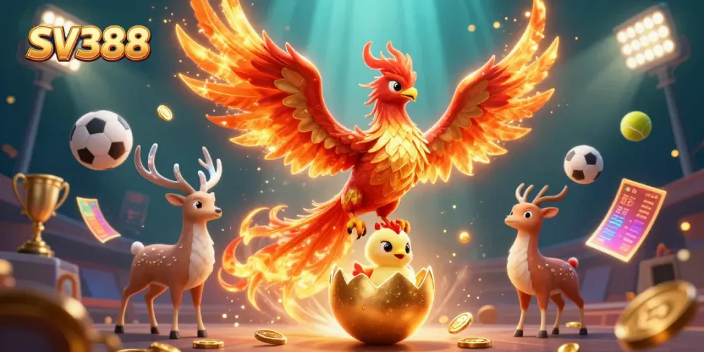 Experience the excitement of SV388 with a dynamic scene showcasing a phoenix and sports elements.