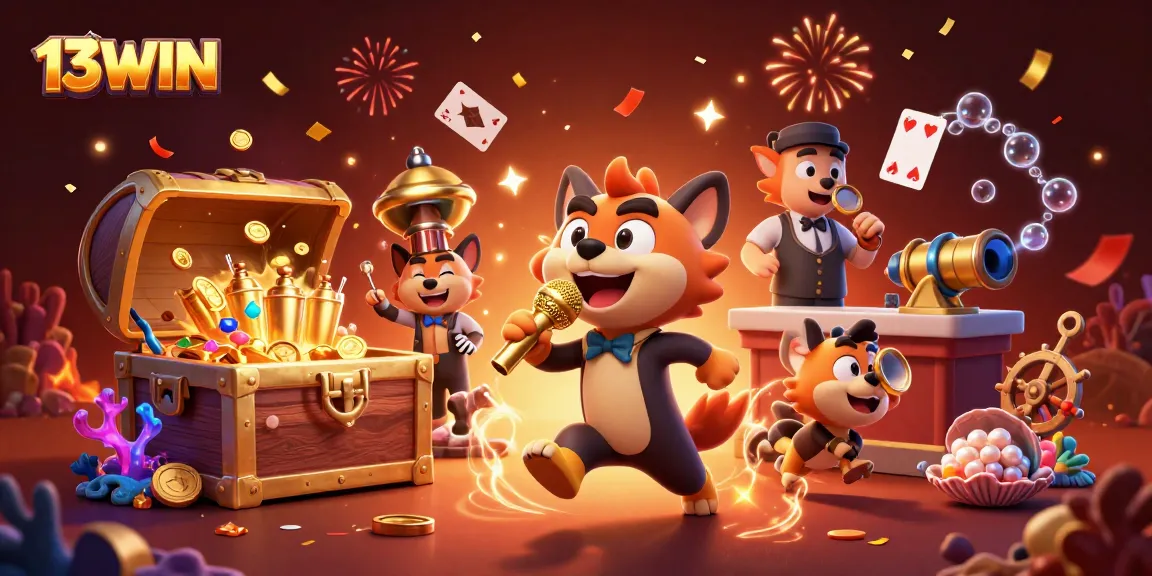 Engage with 13WIN's vibrant comedy casino scene featuring hyenas in a lively interactive environment.
