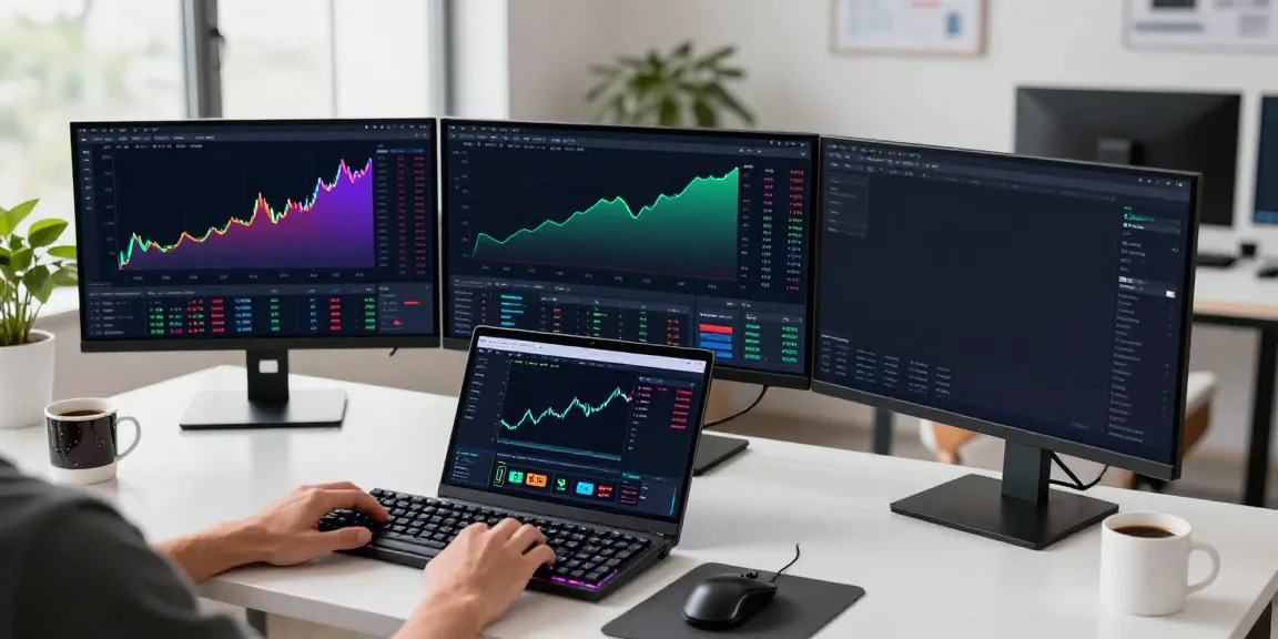 AI Trading Software in use with cryptocurrency charts and DeFi analytics in a professional workspace.