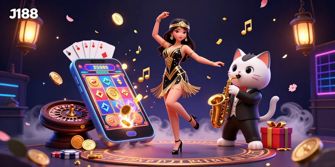 Experience thrilling gaming with J188 through a vibrant 3D digital scene featuring slots, dance, and exciting characters.