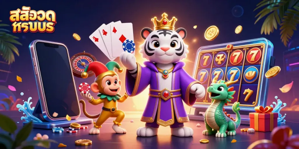 Play slot games with สล็อตทดลอง alongside a lively tiger, monkey, and dragon in a colorful casino scene.