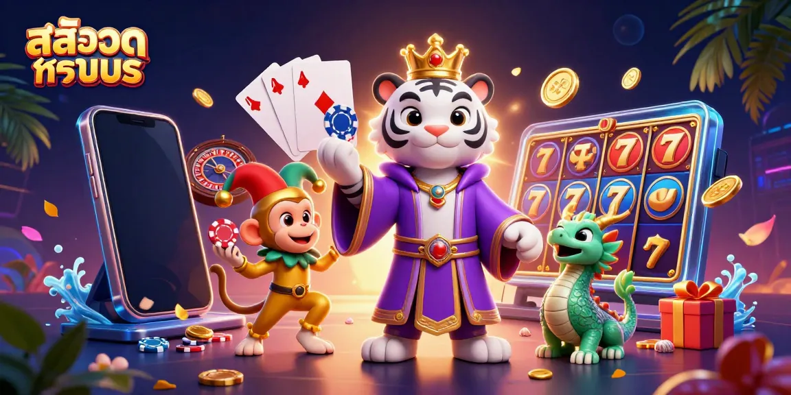 Play slot games with สล็อตทดลอง alongside a lively tiger, monkey, and dragon in a colorful casino scene.