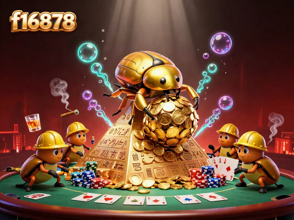 Experience the excitement of f16878 with a vibrant 3D casino scene featuring beetles and poker elements.