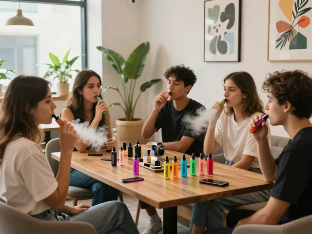 Gathering of friends enjoying Flum vape disposable vapes in a modern lounge setting, highlighting colors and social atmosphere.