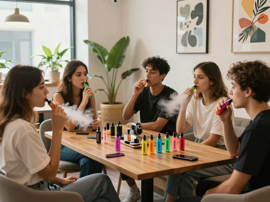 Gathering of friends enjoying Flum vape disposable vapes in a modern lounge setting, highlighting colors and social atmosphere.