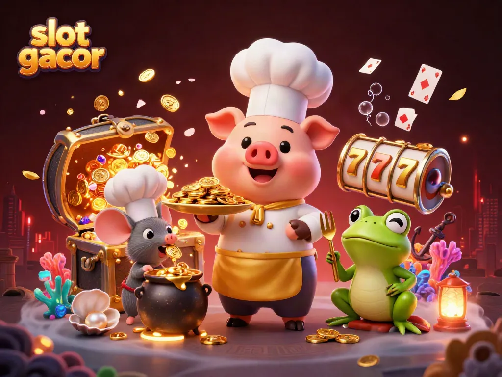 Experience thrilling slot gacor moments with cartoon chef pig and golden treasures.