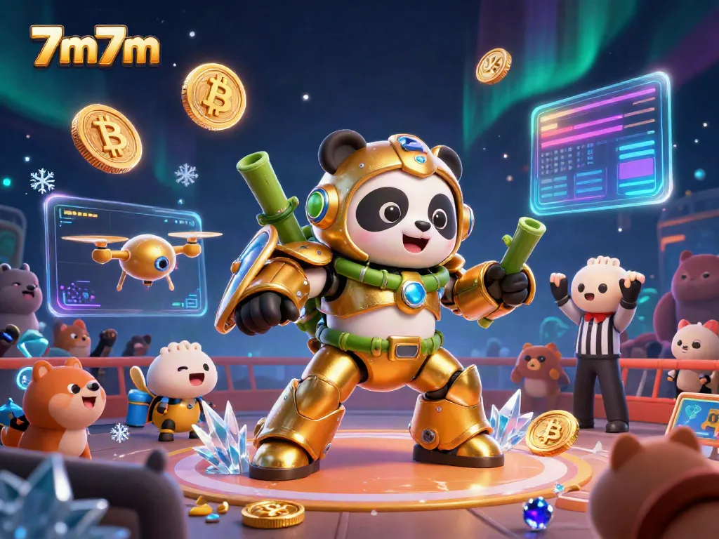 Engage with 7m7m's interactive gaming experience through vibrant visuals of the 3D panda robot atmosphere.