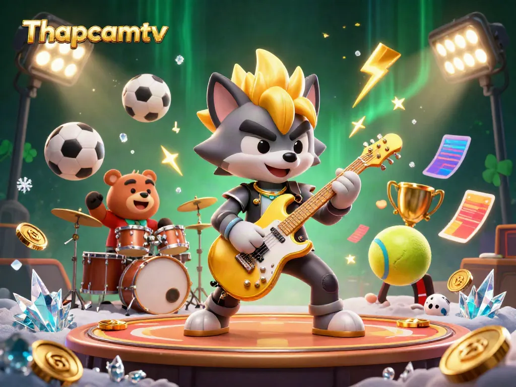 Experience Thapcamtv's thrilling sports atmosphere with dynamic elements and energetic characters in this vibrant 3D illustration.