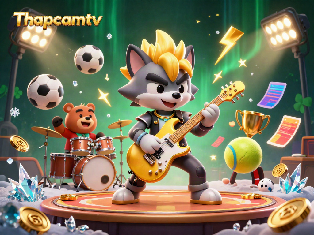 Experience Thapcamtv's thrilling sports atmosphere with dynamic elements and energetic characters in this vibrant 3D illustration.