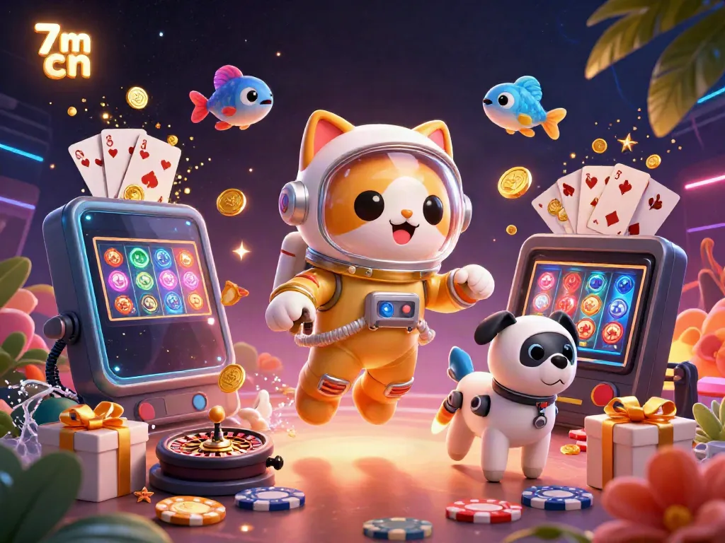 Experience thrilling gambling action with 7m cn in this vibrant 3D illustration of a cat astronaut and gaming elements.