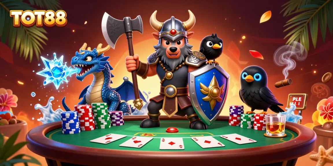 Experience the thrilling gaming atmosphere of TOT88 with Viking warriors and dynamic poker elements.