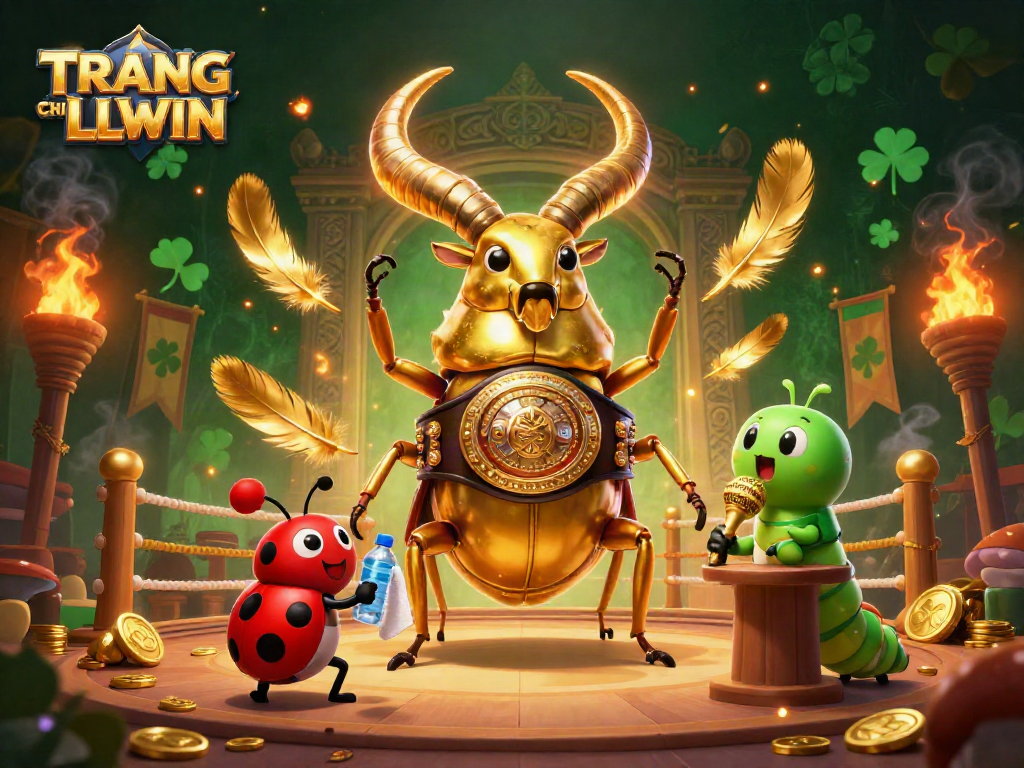 Engage with TRANG CHỦ LLWIN, showcasing a vibrant 3D dynamic casino scene featuring a giant golden stag beetle and action elements.