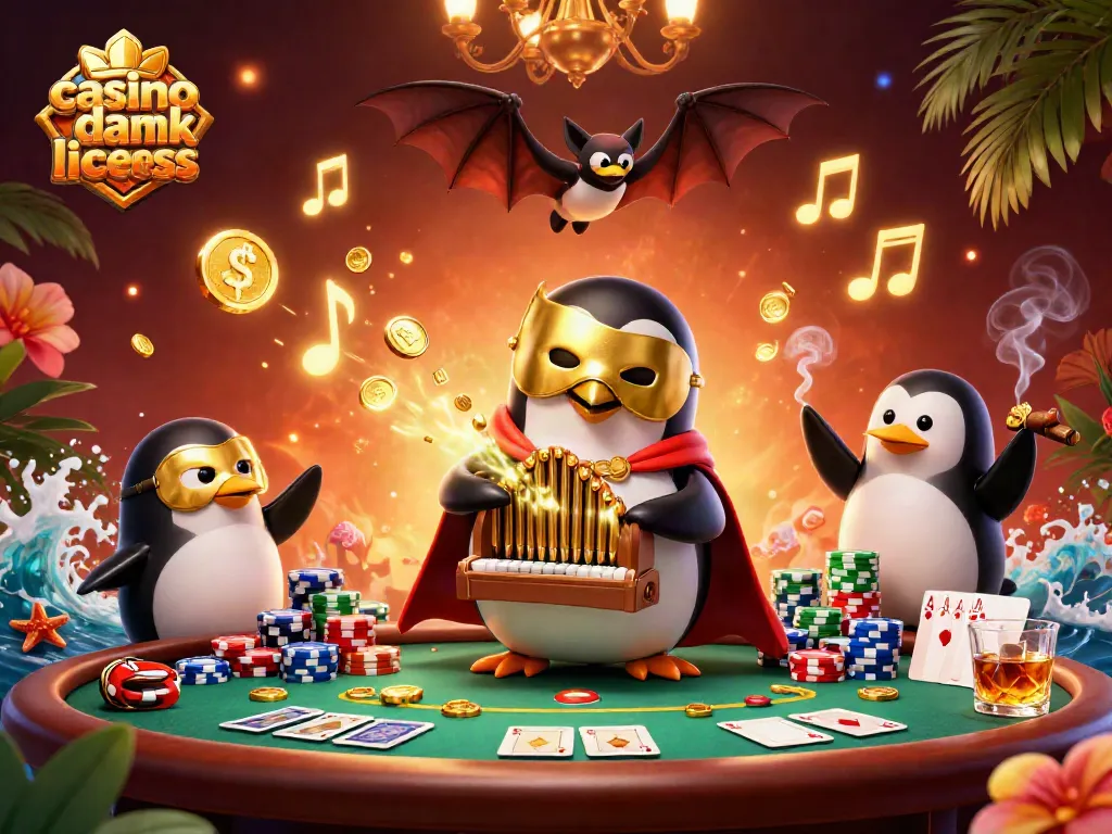 Experience the thrill of casino uden dansk licens with a whimsical 3D scene featuring a joyful penguin at the organ.