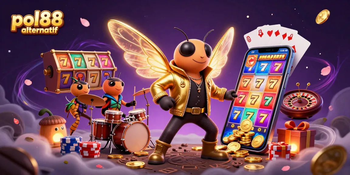 Kolaborasi unik pol88 alternatif dengan karakter kasino dan slot yang meriah dalam ilustrasi 3D.