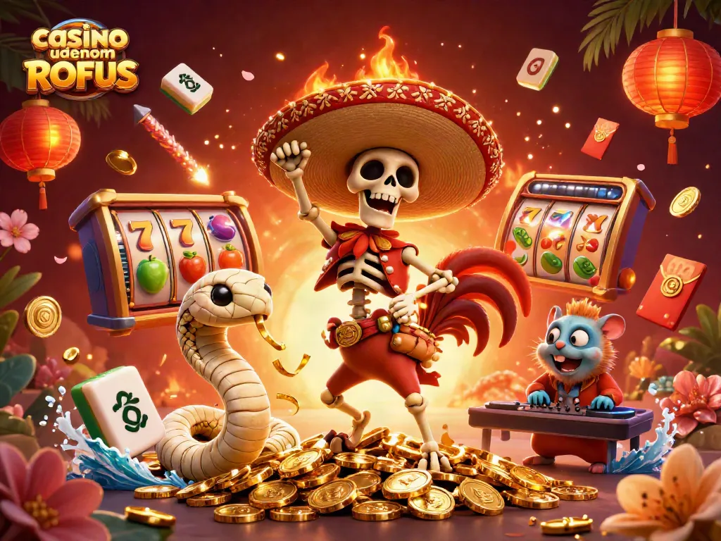 Experience the thrill of casino uden om ROFUS with lively characters dancing amidst golden coins, slots, and fireworks.
