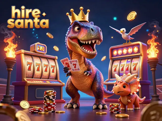Hire Santa promotes festive fun with a T-Rex dealer, vibrant casino elements, and lively game atmosphere.