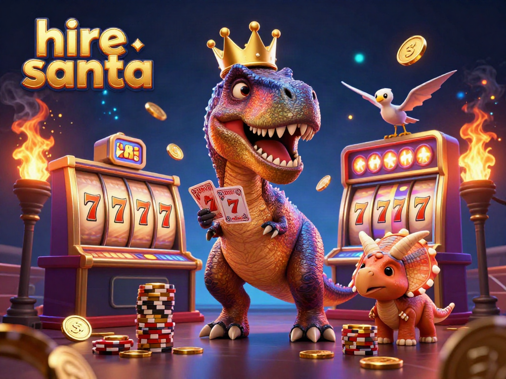 Hire Santa promotes festive fun with a T-Rex dealer, vibrant casino elements, and lively game atmosphere.