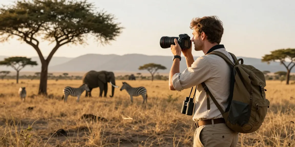 NAGA2000 traveler photographing wildlife in Kidepo Valley National Park's stunning savanna during golden hour.