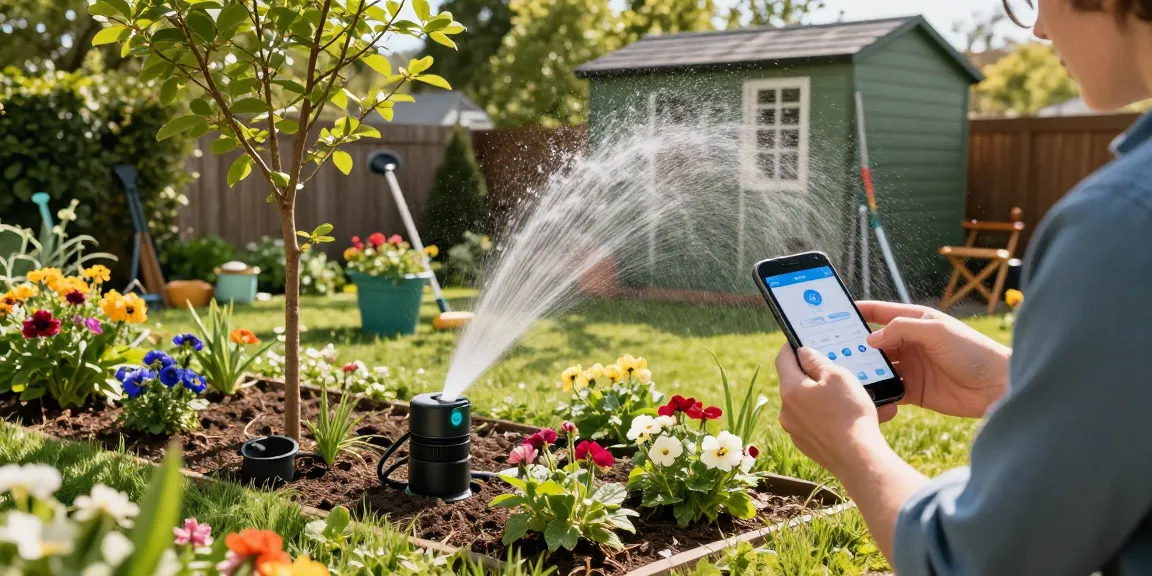 Smart sprinkler in use for efficient garden watering, homeowner checks moisture levels on smartphone.