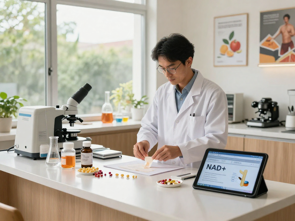 NAD+ Benefits highlighted in modern health lab, scientist preparing Buccal Strips.