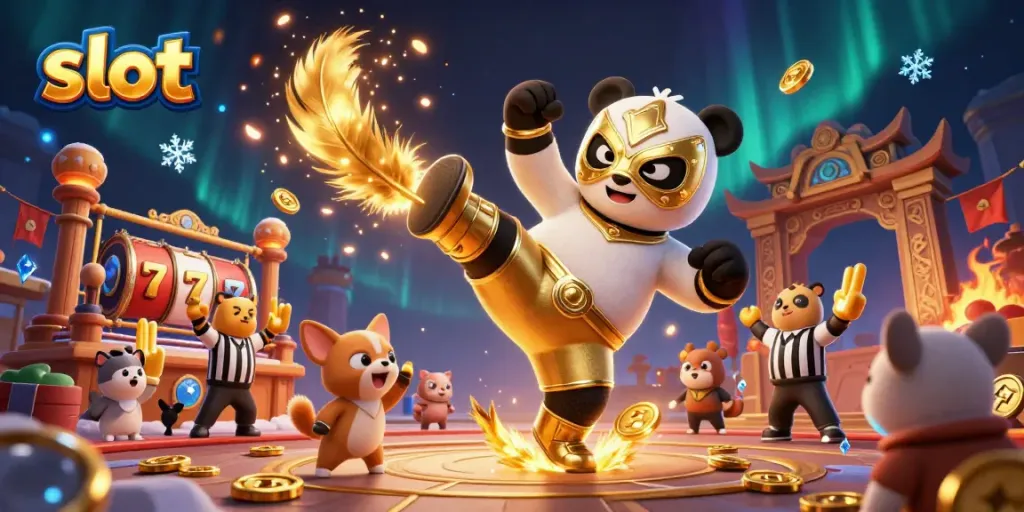 3D animated panda wrestler kicking in a casino scene with slot reels, excited animal spectators, and golden coins.