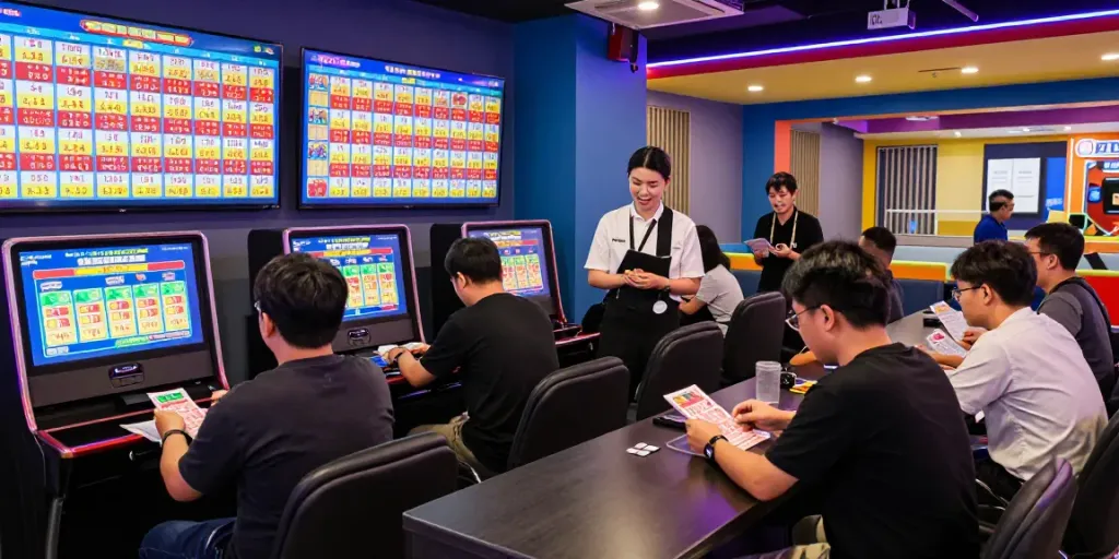 Suasana gaming togel ceritoto dengan pemain ramai berdiskusi dan menatap layar hasil undian.