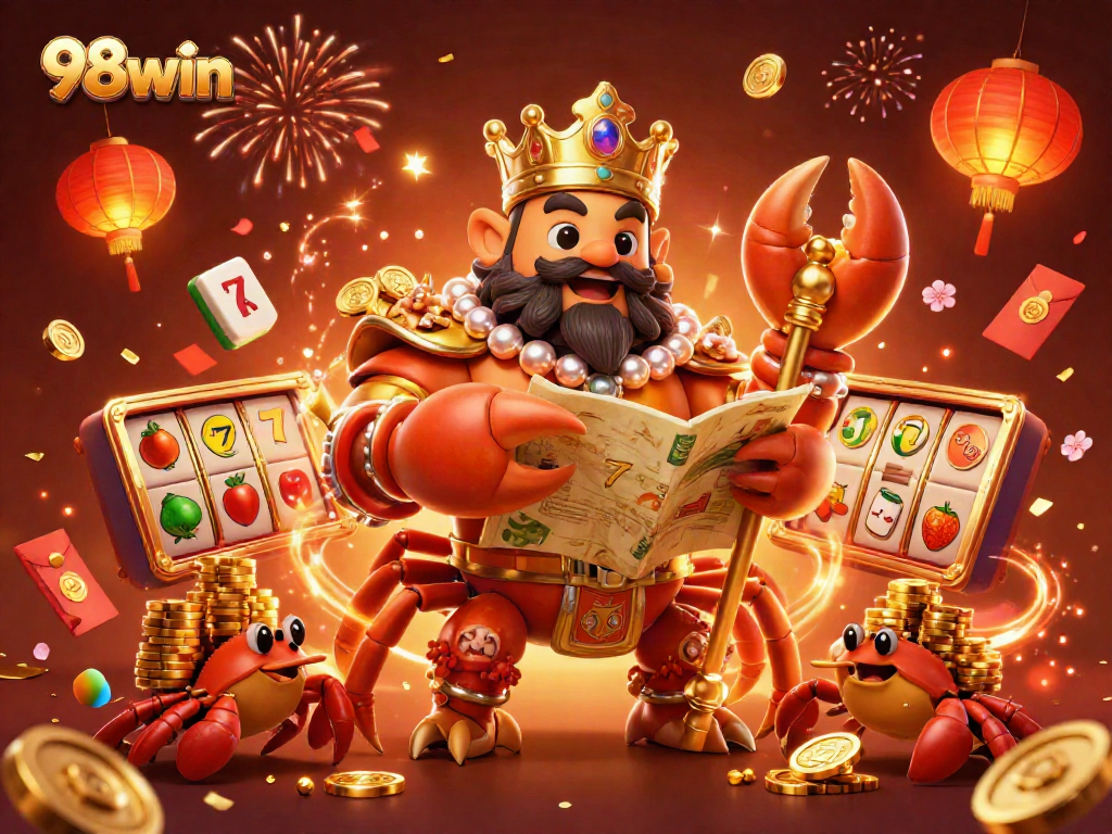 Experience the vibrant world of 98win with a golden crab emperor ruling over slot reels and festive elements, capturing the thrill of gaming.