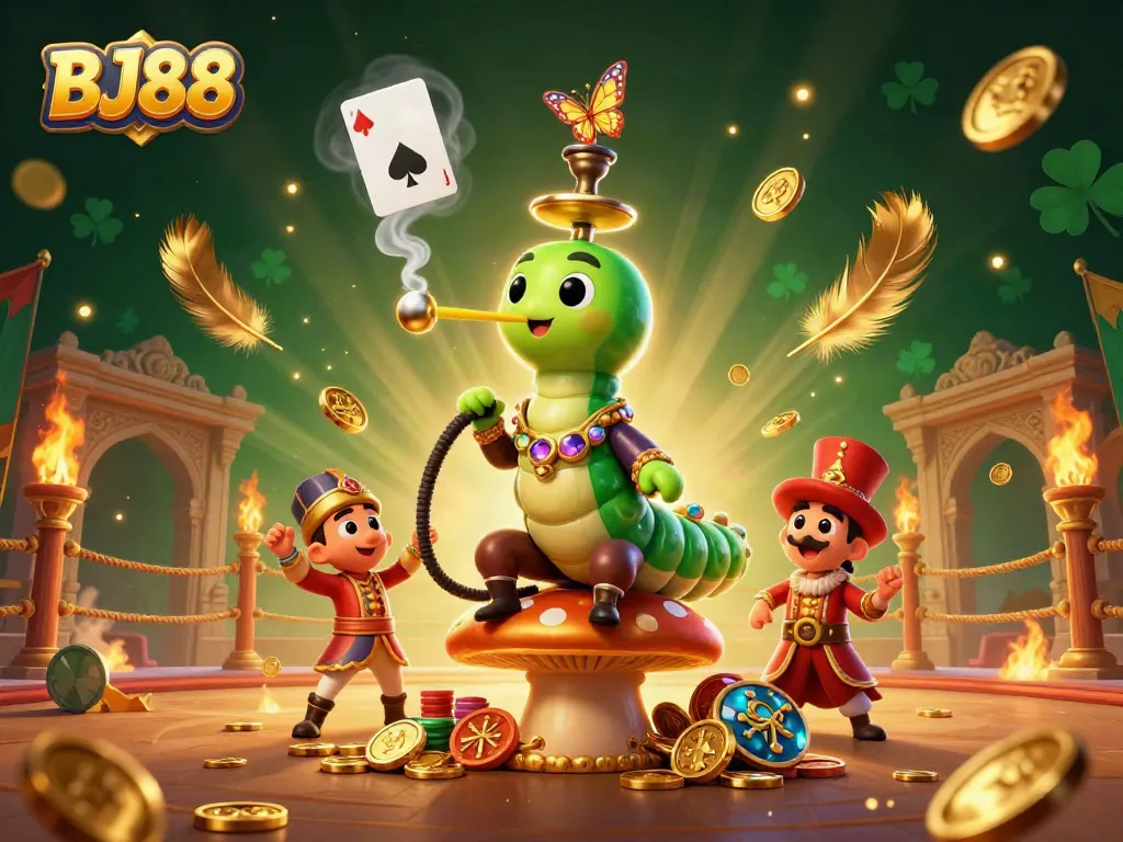 BJ88 betting excitement illustrated through a vibrant 3D scene featuring a caterpillar master with casino elements.