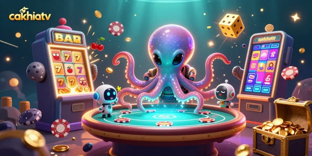 Cakhiatv showcases thrilling alien casino action with an octopus at a holographic poker table.