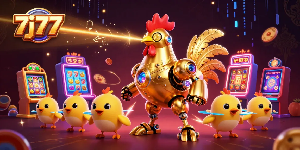 Play slots like 7j77 with a golden rooster robot and dynamic gaming elements in this vibrant illustration.