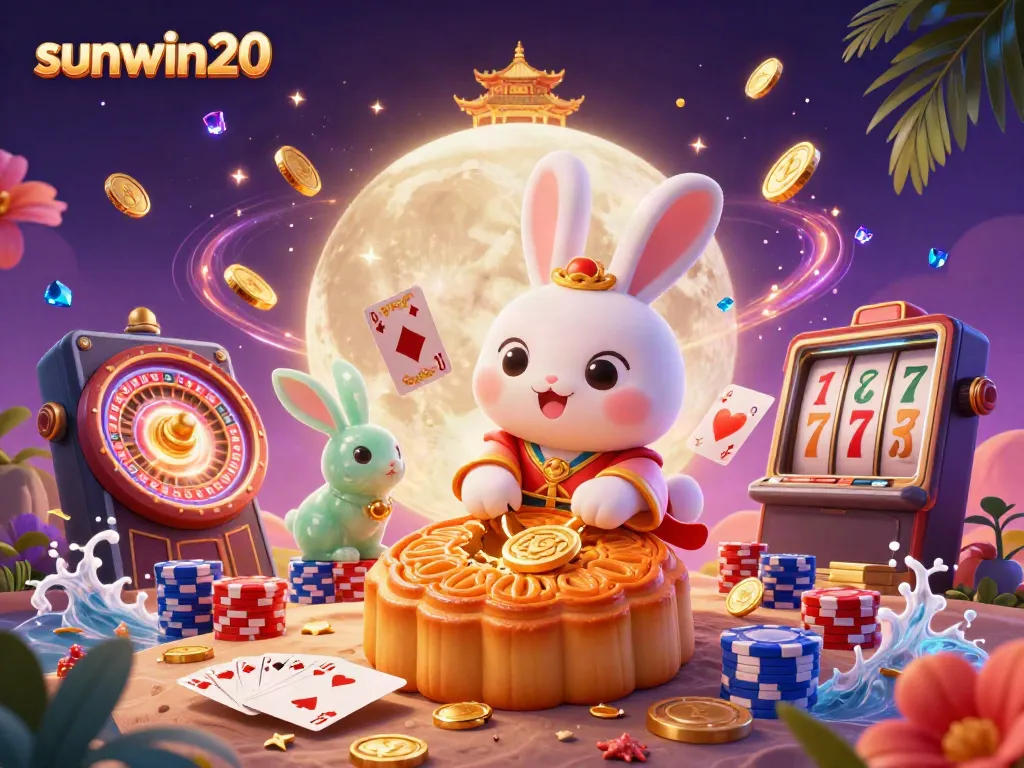 Engage with sunwin20's dynamic casino world featuring a moon rabbit revealing poker chips.