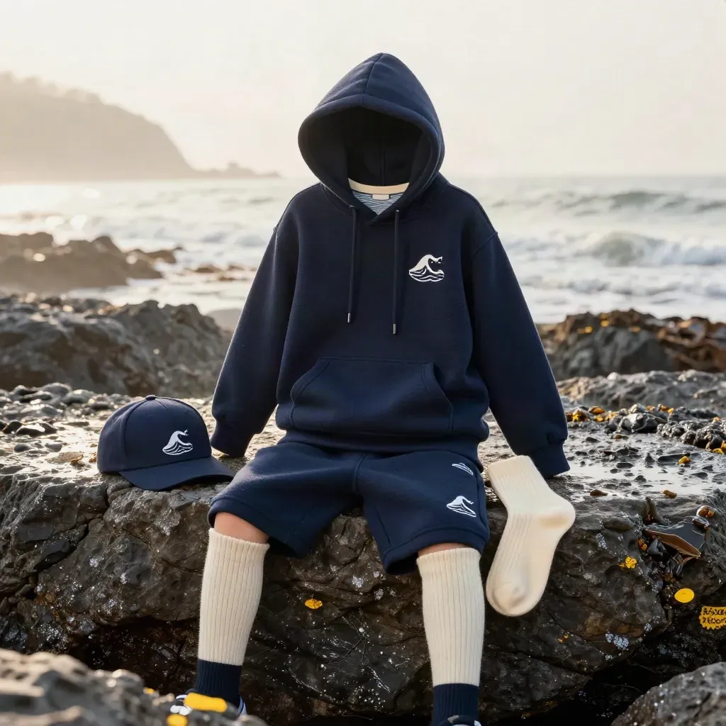 Navy hoodie bundle with tee, shorts, socks and cap on damp coastal stone