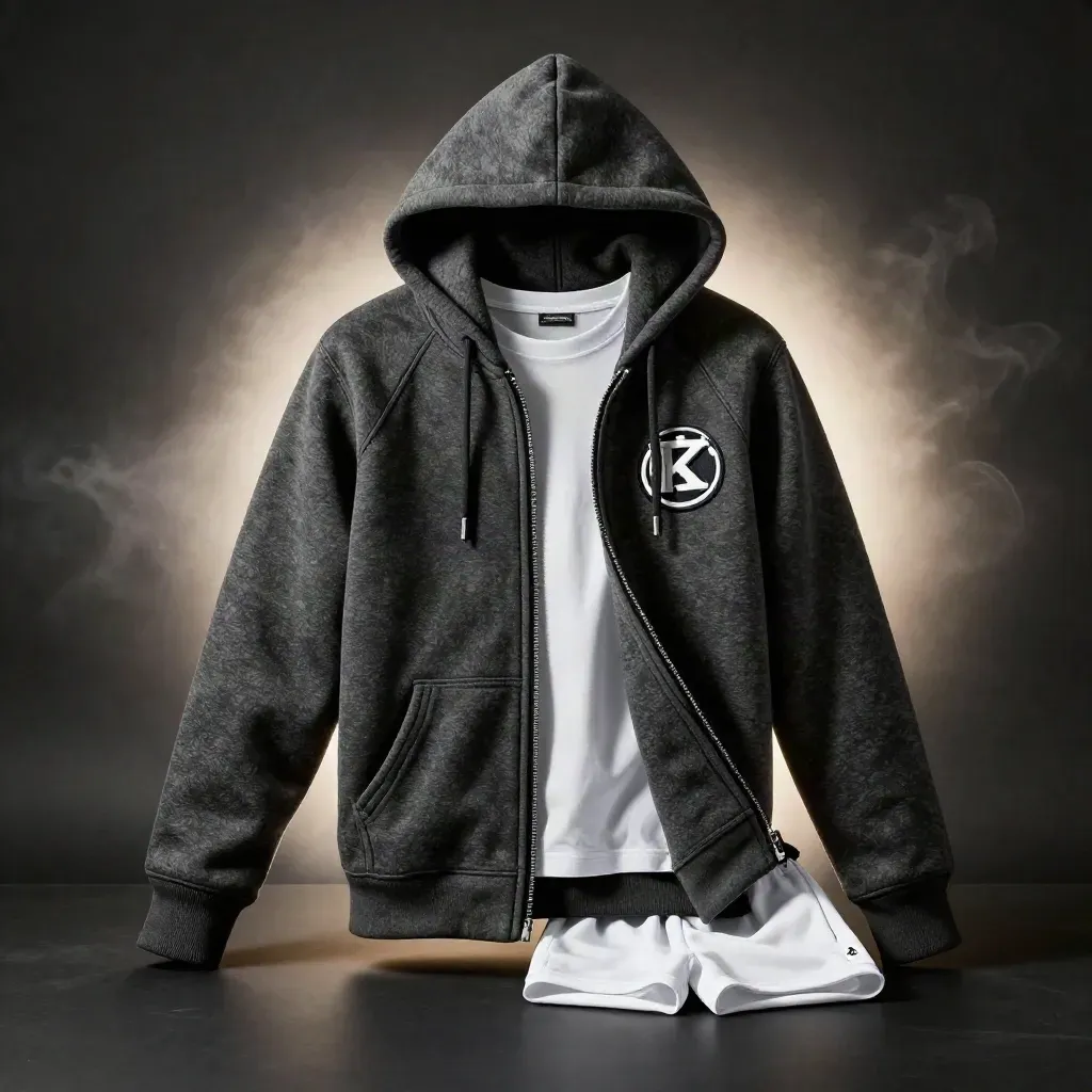 Charcoal zip hoodie with tee and shorts on a dark studio surface, lit dramatically.