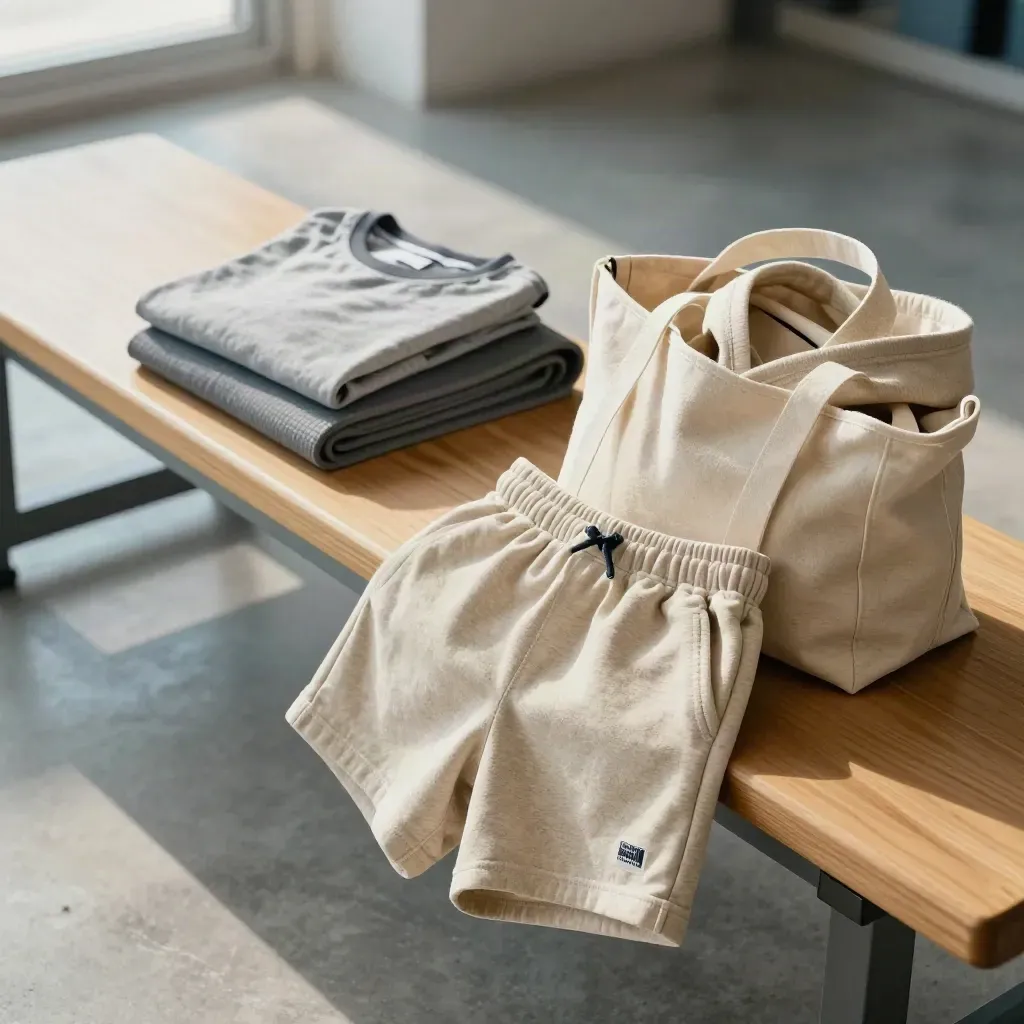 Canvas tote spills boys' tees, hoodie and shorts beside a gym bench, coastal light.