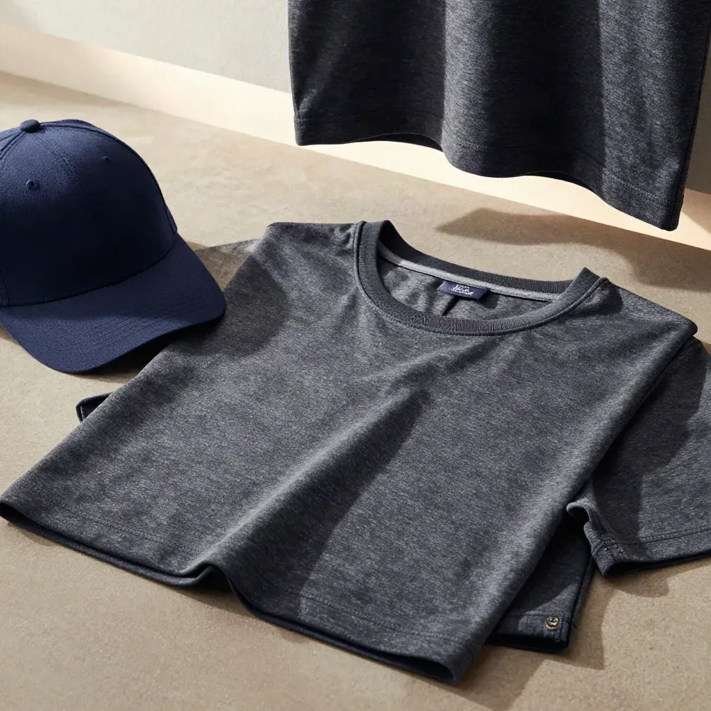 Kyushu Wave Tee with folded short and cap on dark slate, fabric rippling in close-up