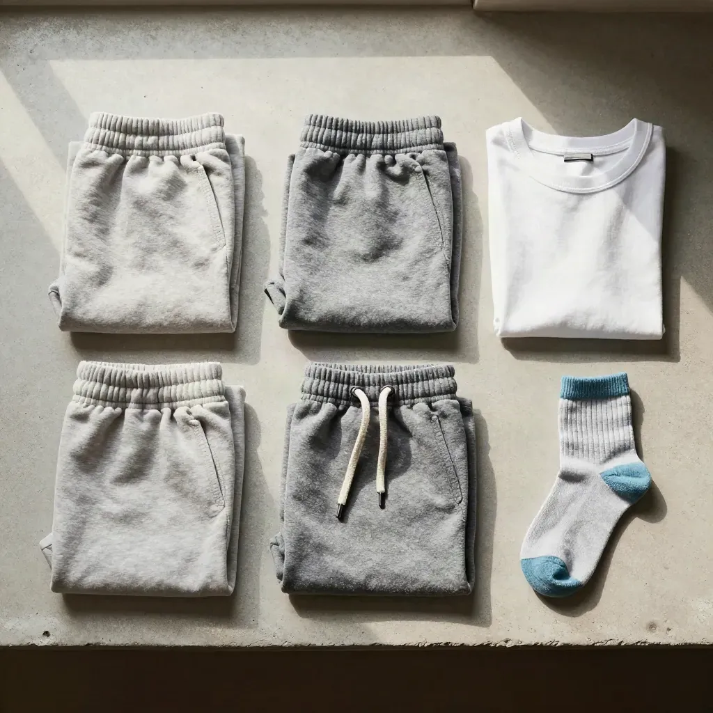 Folded boys’ shorts with tee and socks in a precise overhead flatlay on pale concrete