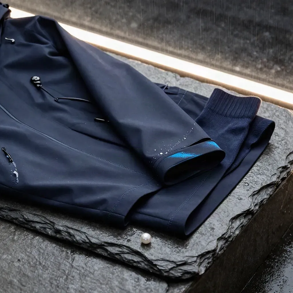 Macro of a navy rain jacket with shorts and socks on wet stone, rain beads sparkling in mist.