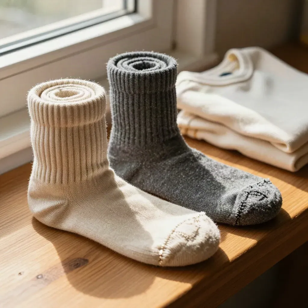 Crew socks pack with a folded tee on a warm wooden bench, softly lit