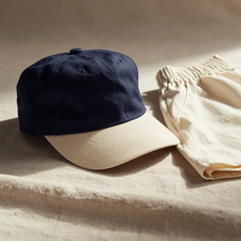 Navy boys' school cap on travertine with folded tee and shorts, lit by a bright rim.