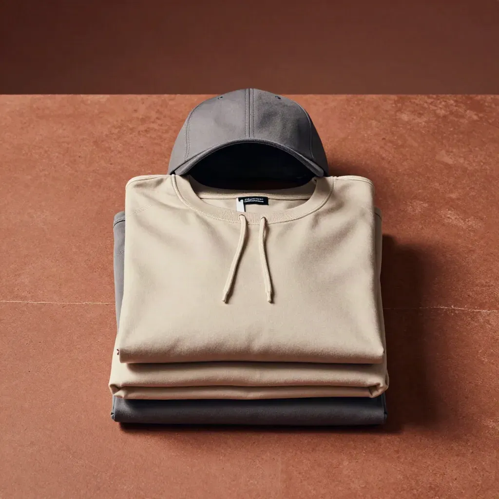 Folded joggers with tee and cap on a matte stone slab, top-down flat lay
